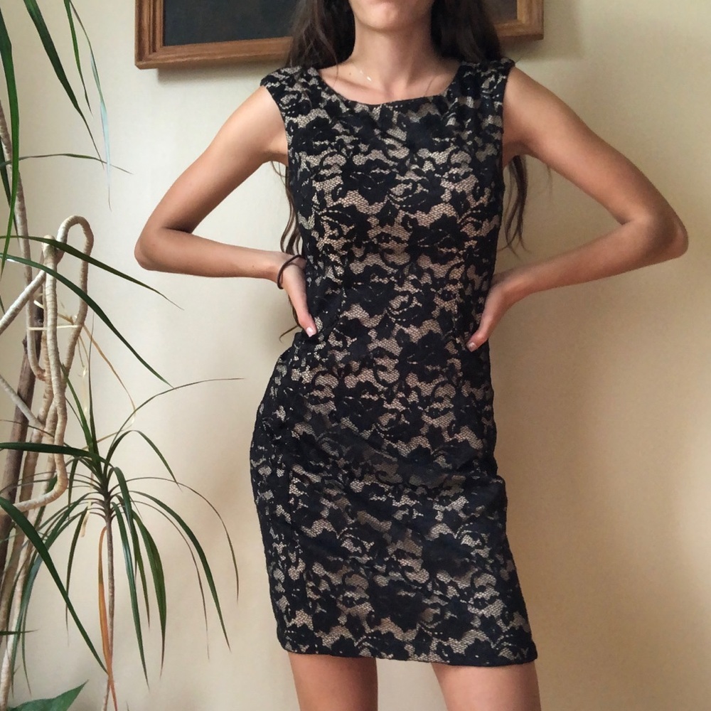 A.B.S. Collection Black Lace Beige Lined Dress XS - Picture 2 of 5